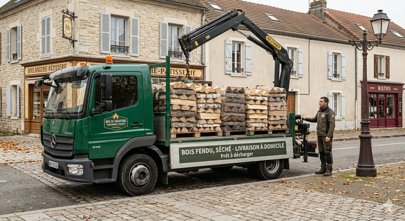 Un camion de livraison de bois de chauffage prêt à décharger