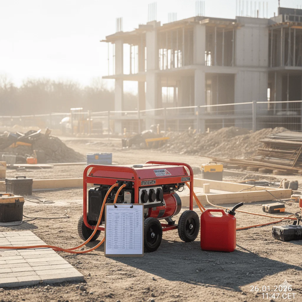 Tableau de calcul et bidon de carburant à côté d un groupe électrogène.