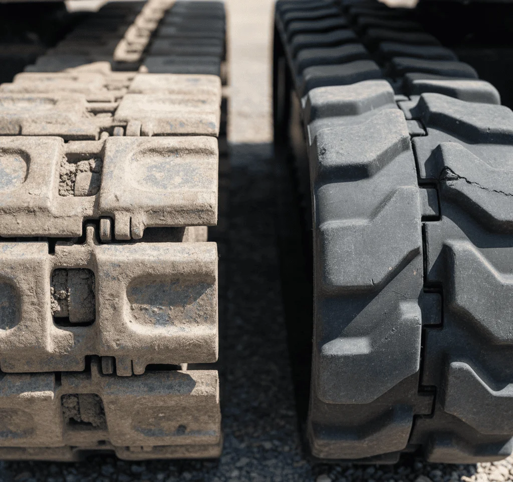 Gros plan sur une chenille en acier et une chenille en caoutchouc.