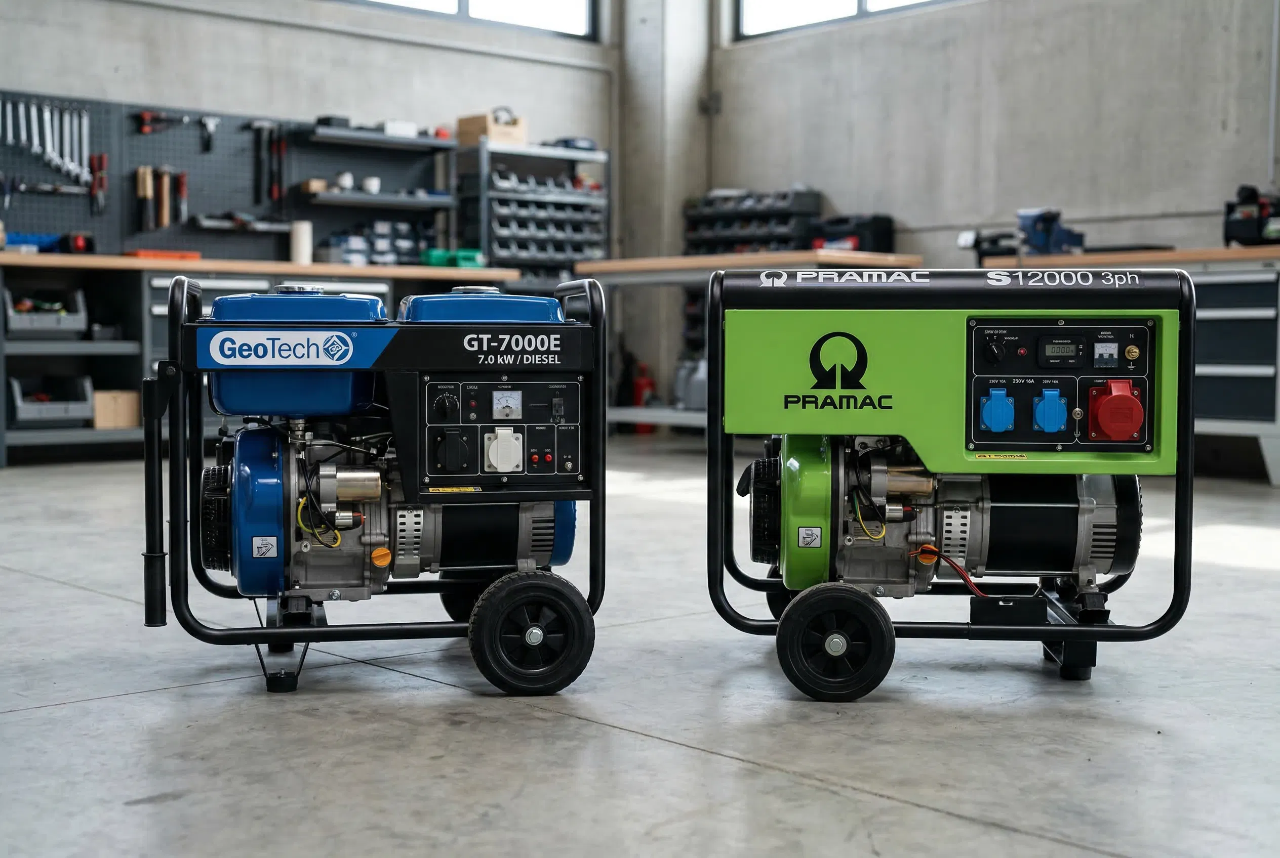 Comparaison entre un groupe électrogène GeoTech et un modèle Pramac professionnel.