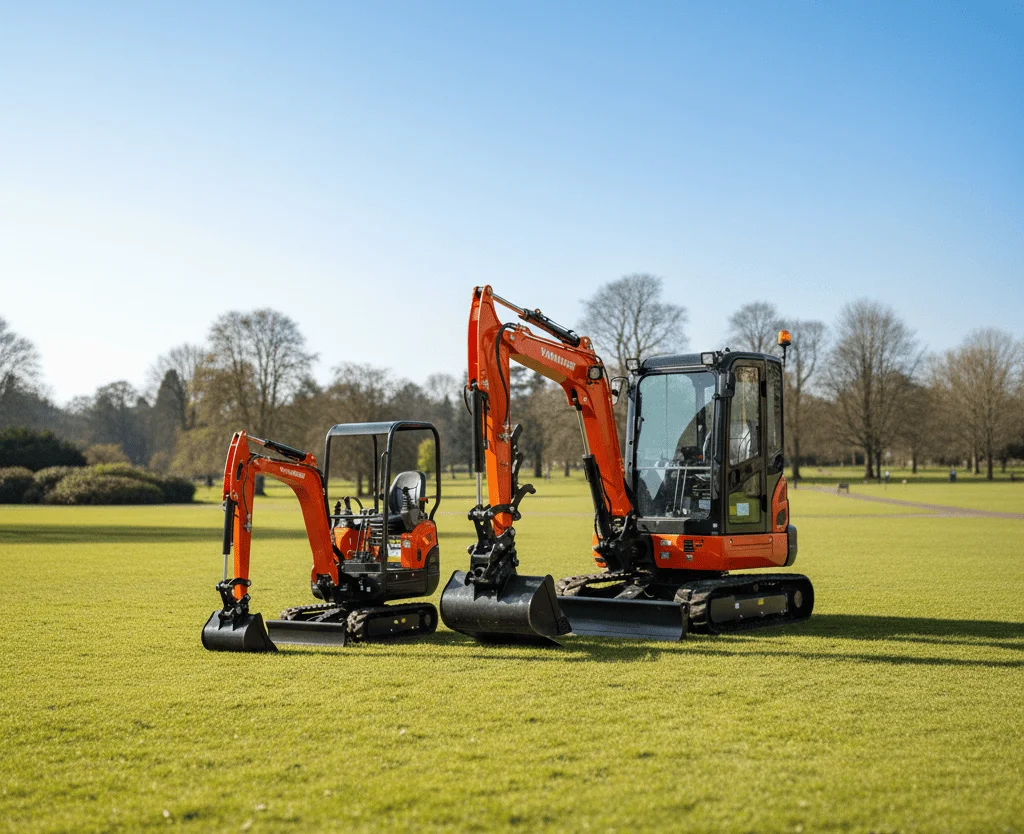 Deux mini-pelles de tailles différentes côte à côte dans un jardin.