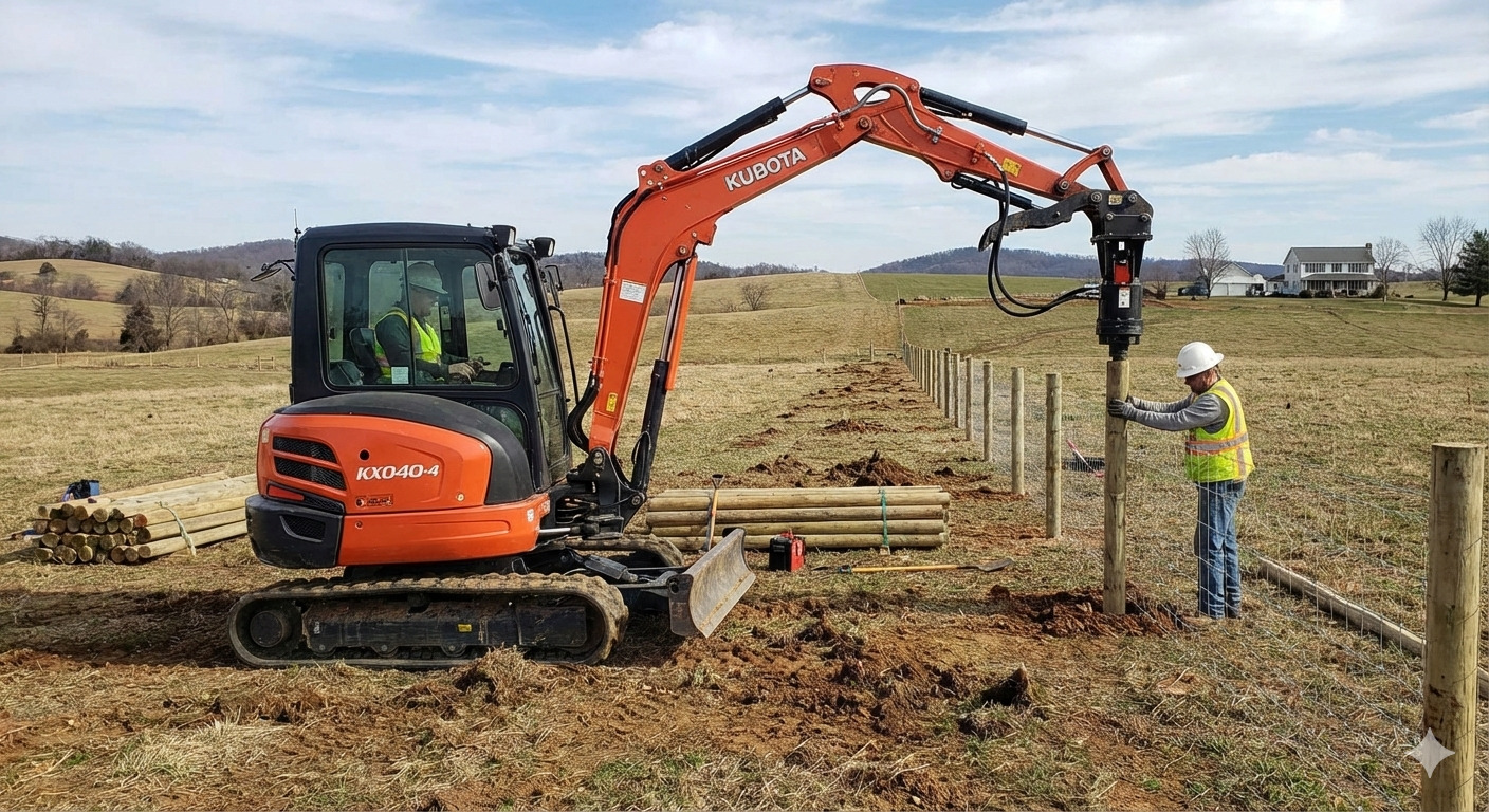 Installation de piquets de clôture avec un enfonce-pieux monté sur une mini-pelle.