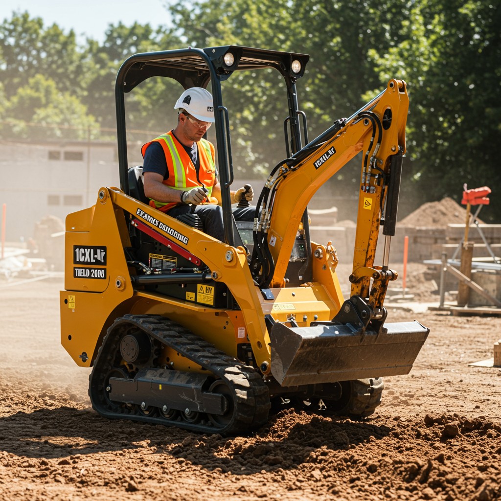 Vue depuis la cabine d une mini-pelle, sur les joysticks de commande.