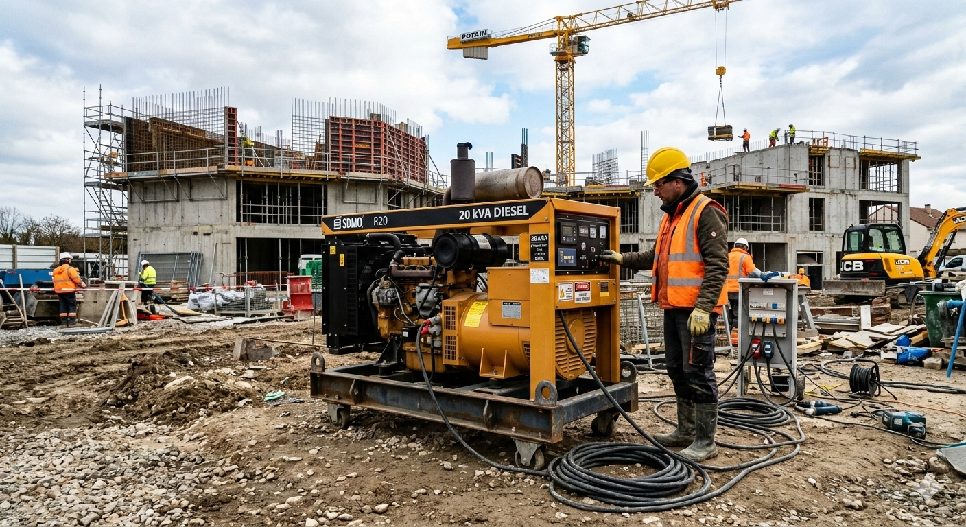 Un groupe électrogène diesel 20 kVA sur un chantier de construction.