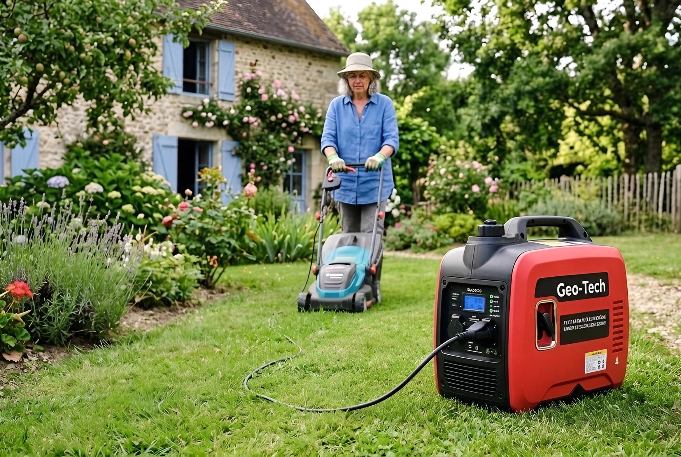 Un petit groupe électrogène silencieux utilisé dans un jardin.