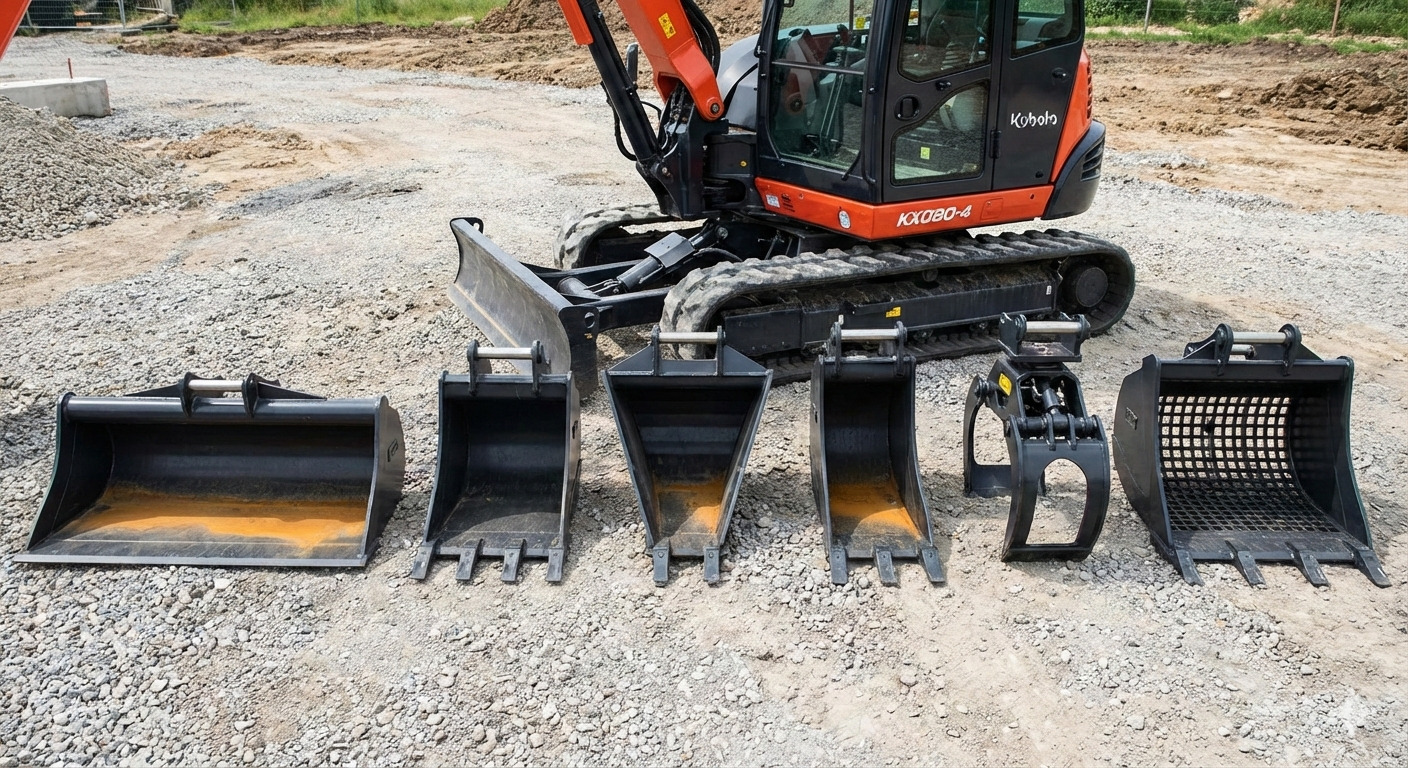 Différents types de godets alignés devant une mini-pelle.