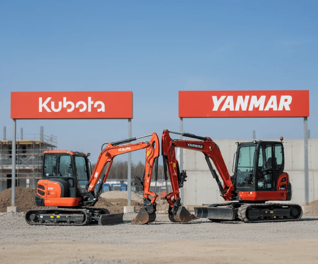 Logo Kubota et Yanmar face à face avec deux mini-pelles en arrière-plan.