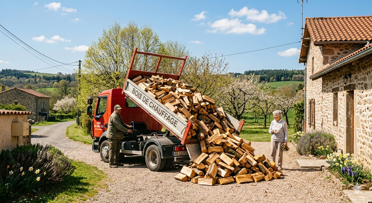 Livraison de bois de chauffage sous un soleil de printemps