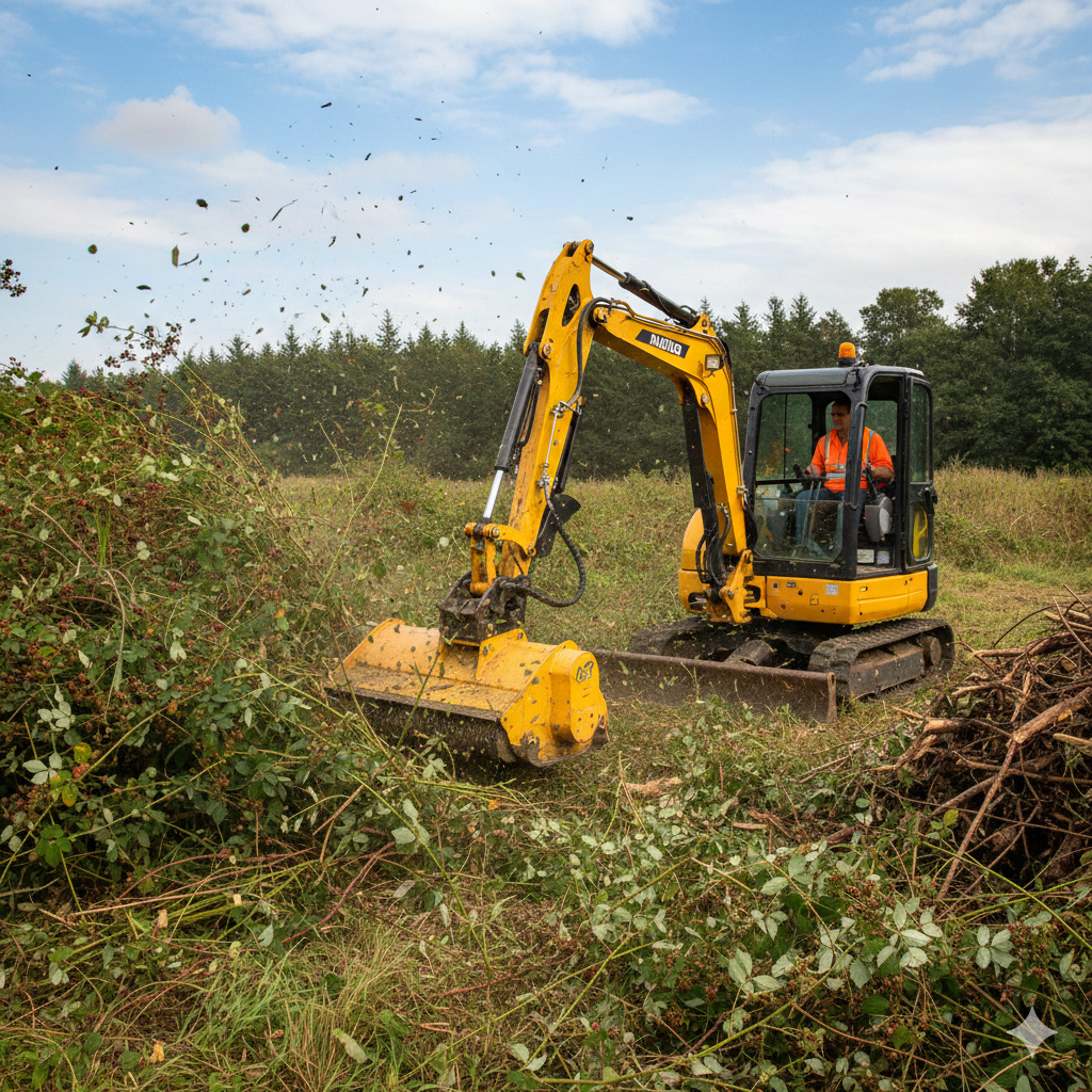 Mini-pelle équipée d une épareuse en plein débroussaillage de ronces.