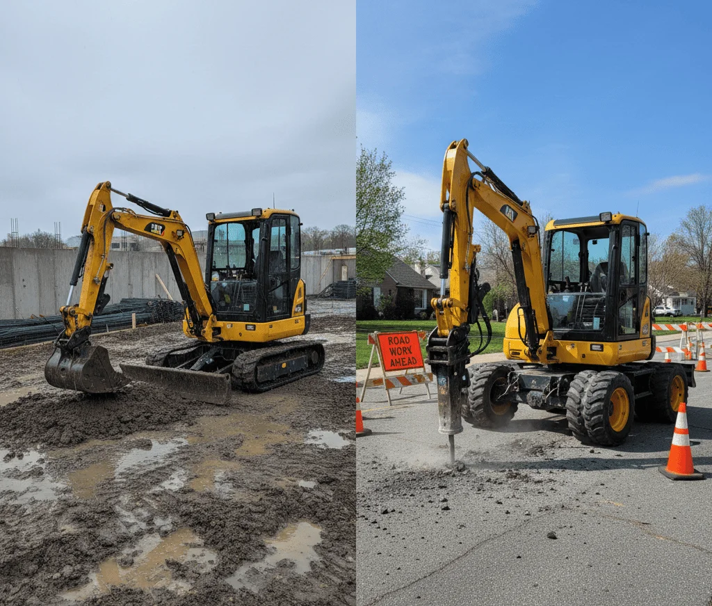Une mini-pelle à chenilles et une mini-pelle à pneus travaillant dans des environnements différents.