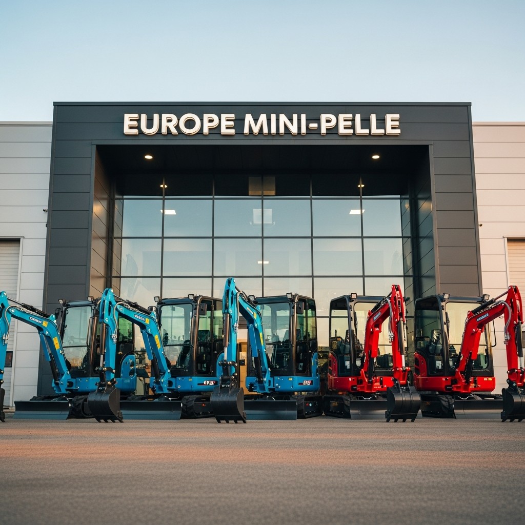 Un showroom de machines BTP avec des mini-pelles prêtes à la vente.