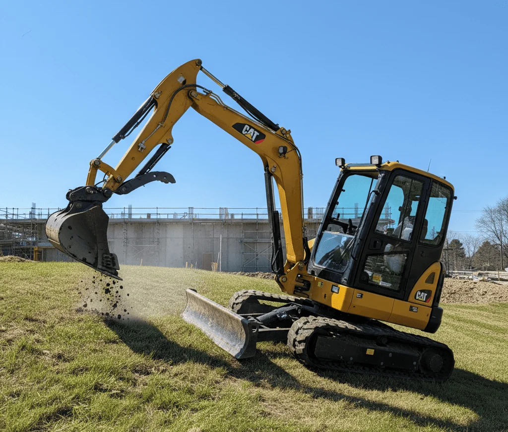 Une mini-pelle en action montrant sa stabilité sur un terrain en pente.