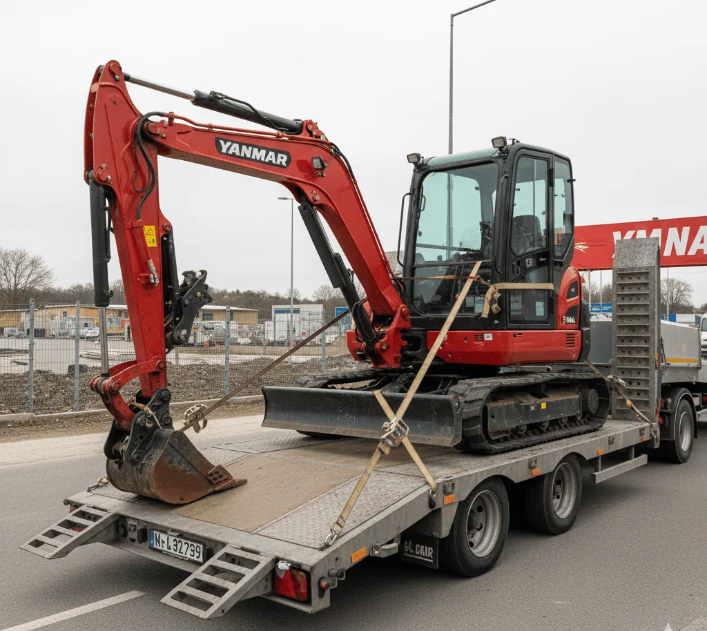 Une mini-pelle solidement sanglée sur une remorque de transport.
