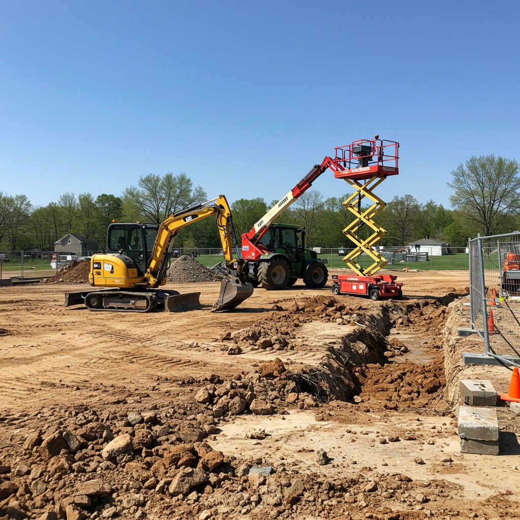 Mini-pelle en location sur un chantier